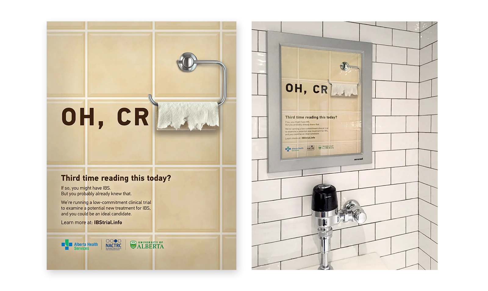 A close-up image of the bathroom ad directing people to the website and a photo of the ad in a bathroom