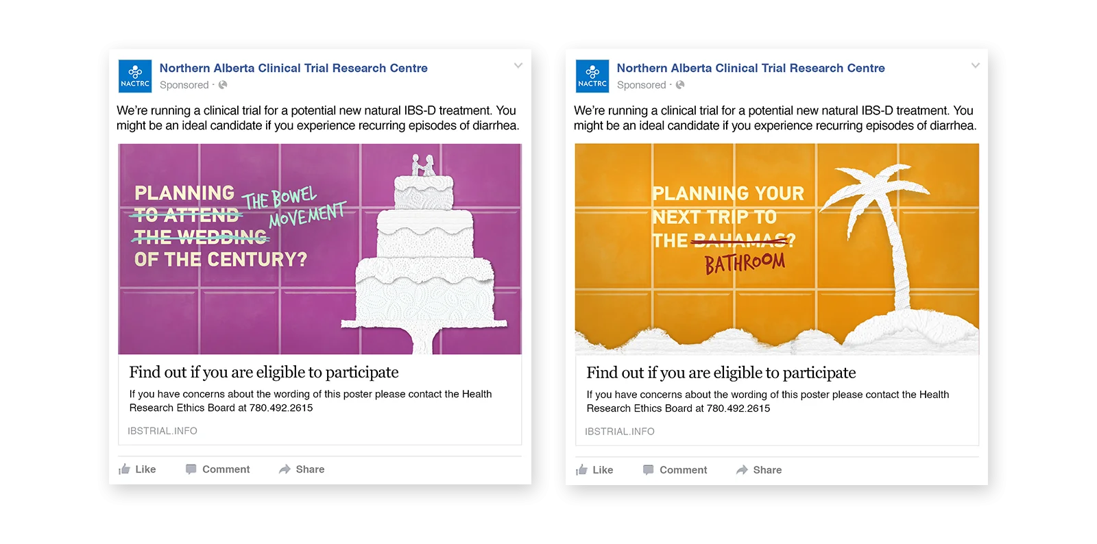 Facebook ads with two different versions of the social media ad creative