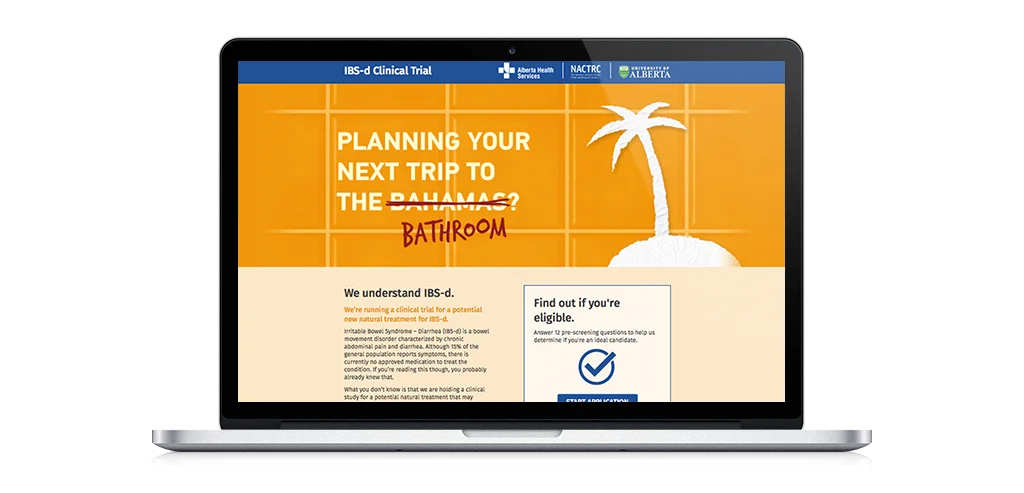 A laptop showing the campaign landing page with a yellow header and information about the trial