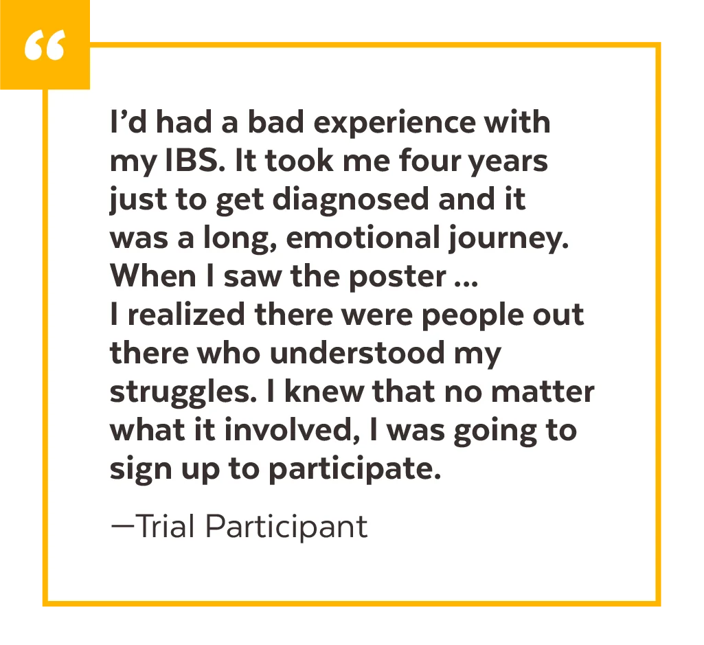 Testimonial from a trial participant in a yellow-bordered box