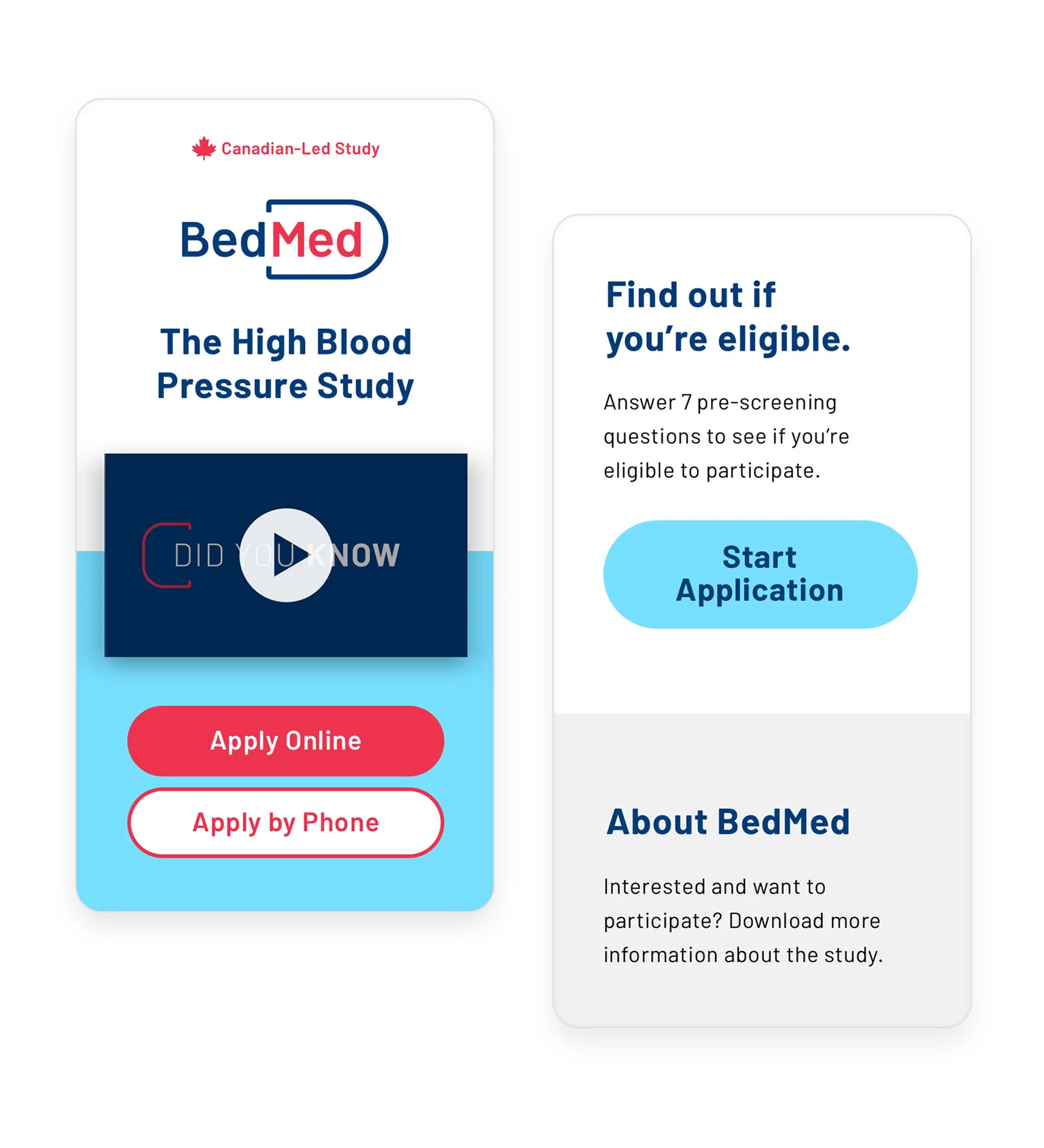 Screenshots from the BedMed study landing page encouraging patients to participate.